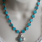 Antique Silver Cross Pendant Necklace, Blue Turquoise and Red Coral Statement Necklace