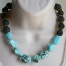 Turquoise Nugget Black Lava Stone Statement Necklace, Chunky Turquoise Beads with Tibetan Gold