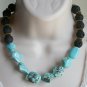 Turquoise Nugget Black Lava Stone Statement Necklace, Chunky Turquoise Beads with Tibetan Gold