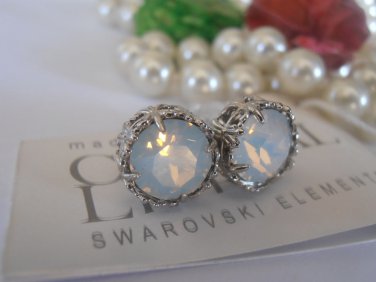 White Opal 8mm Swarovski Crystal Chaton Rhodium Filigree Post Stud Earrings