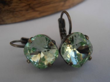 Handmade Chrysolite Swarovski crystal Cushion Cut Brass Dangle Golf Earrings
