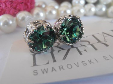 Erinite Green 8mm Swarovski crystal chaton filigree Stud Earrings Rhodium silver