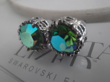 Peridot Shimmer, Crown, Art Deco, Swarovski Crystal Studs Filigree Post Earrings