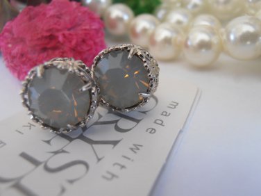 Light Grey Opal 8mm Swarovski Crystal Chaton Rhodium Filigree Stud Earrings