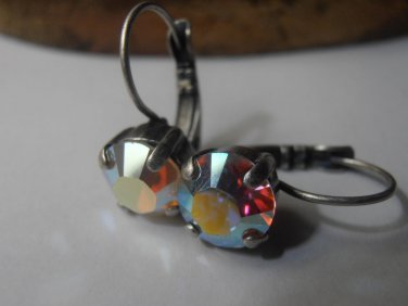 Swarovski Aurora Borealis Crystal 8mm Antique Silver setting dangle earrings