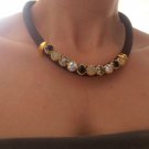 Cord Necklace, Brown Opals, Art Deco Golden Filigree,  Rope, Crystal Choker