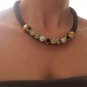 Cord Necklace, Brown Opals, Art Deco Golden Filigree, Rope, Crystal Choker