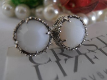 White Alabaster 8mm Swarovski Crystal  Rhodium Filigree Bridal Stud Earrings