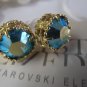 Blue Zircon AB Swarovski Crystal Art Deco Filigree Golden Post Stud Earrings