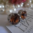 Light Smoked Topaz 8mm Swarovski crystal chaton filigree Rhodium Stud Earrings
