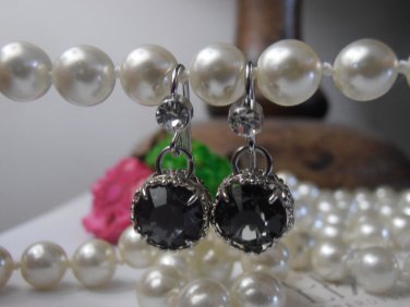 Silver Night 8mm Swarovski Crystal Chaton Silver  Filigree Dangle Drop Earrings