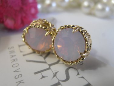 Rose Water Opal 8mm Swarovski crystal chaton filigree Golden Post Stud Earrings