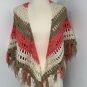 Vintage Boho Handmade Womens Crochet Triangle Shawl Wrap Tan Coral Ivory Fringe