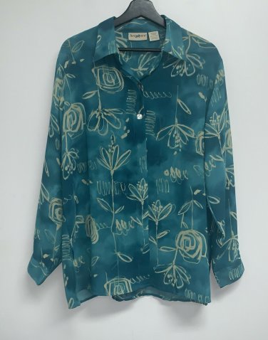 Travelsmith Womens Button Front Blouse L Teal Blue Green Sheer Floral Print Top