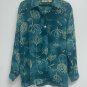 Travelsmith Womens Button Front Blouse L Teal Blue Green Sheer Floral Print Top