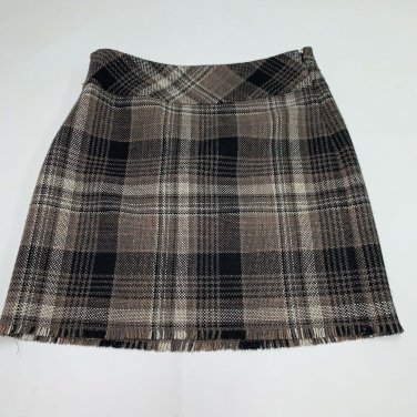 Eddie Bauer Womens Plaid Wool Blend Pencil Skirt Size 4 P Brown Fringe Hem Lined