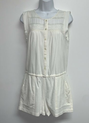 Ann Taylor Loft Womens Romper Size S Off White Sleeveless Eyelet Button Front