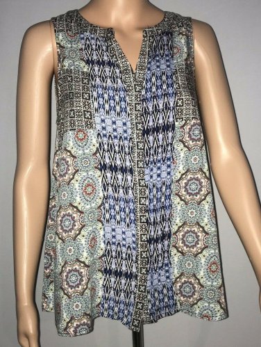 Umgee Womens Sleeveless Button Front Top Size Small Blue Green Print Shirt