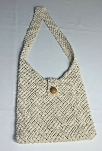 Boho Crochet Knit Macrame Woven Beige Shoulder Bag Crossbody Hippie Wood Button