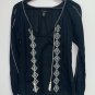 Lucky Brand Womens Embroidered Peasant Top Size S Black Cream Boho Hippie Tie
