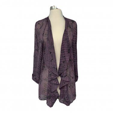 Daniel Rainn Womens Open Front Sheer Kimono Cardigan SZ L Purple Black Textured