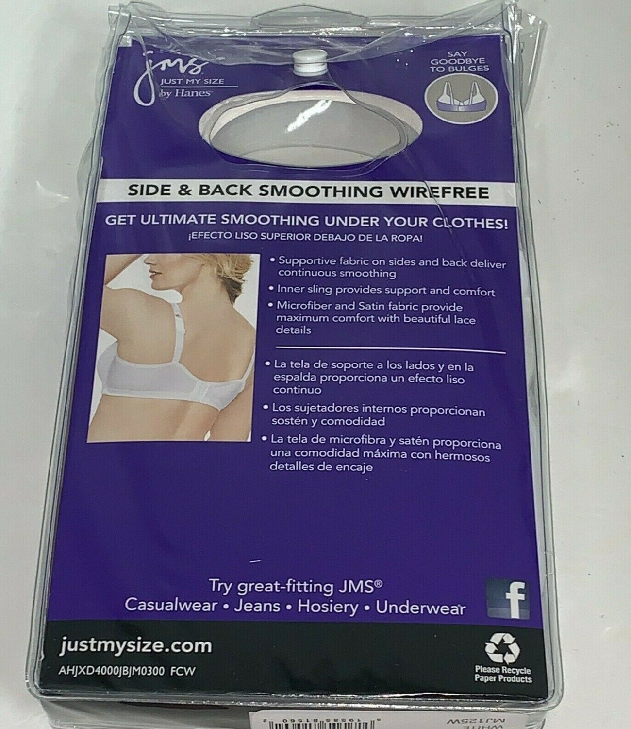 Hanes Just My Size Smoothing Bra Side & Back Wirefree Womens 46DD JMS