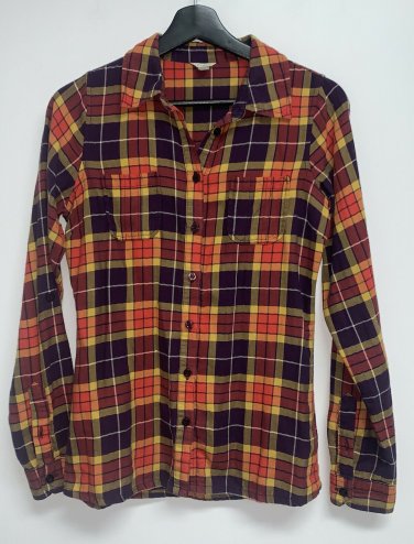 Fossil Womens Button Up Plaid Flannel Shirt Size XS Purple Orange Gold Roll Tab