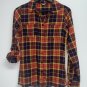 Fossil Womens Button Up Plaid Flannel Shirt Size XS Purple Orange Gold Roll Tab