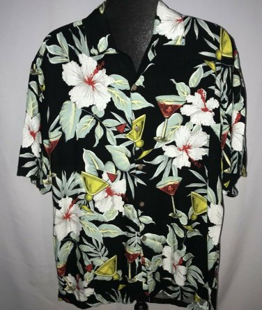Thumbs Up For Him Button Front Hawaiian Shirt Men Size XL Black Hibiscus Martini