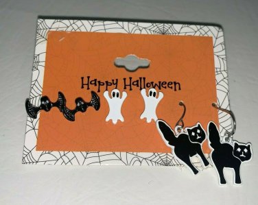Halloween Black Cat Bat Ghost 3 Pair Pierced Earrings New