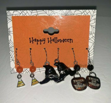 Halloween Silver Black Witch Hat Candy Corn Trick Or Treat Bag 3 Pair Earrings