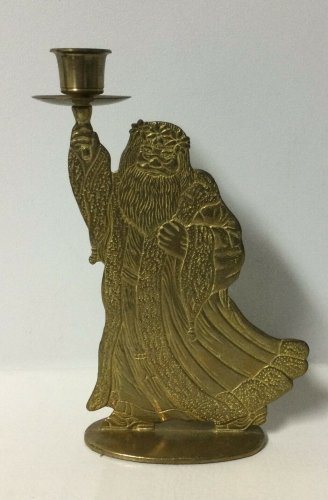 Vintage Etched Solid Brass Santa Claus Christmas Candle Holder St Nick 8.5"