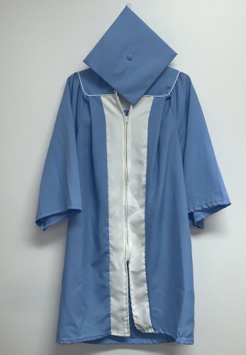 Oak Hall Light Sky Blue Graduation Cap Gown 5'0"- 5' 2" White Center Pleat Cord