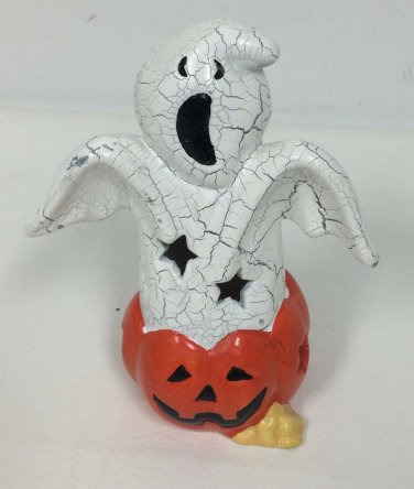 K's Collection Halloween Ceramic Ghost Figurine Crackle Paint Jack O'lantern 6.5