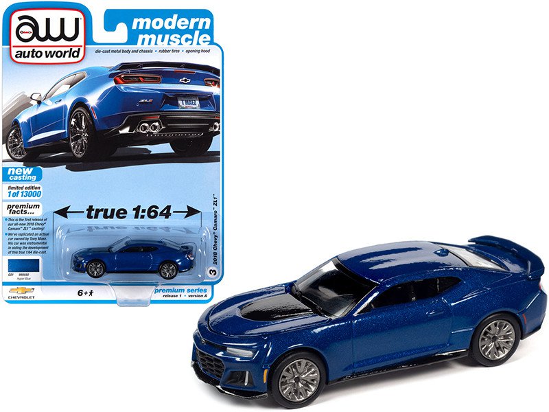 2018 Chevy Camaro ZL1 Hyper Blue 1/64 Auto World Modern Muscle Diecast