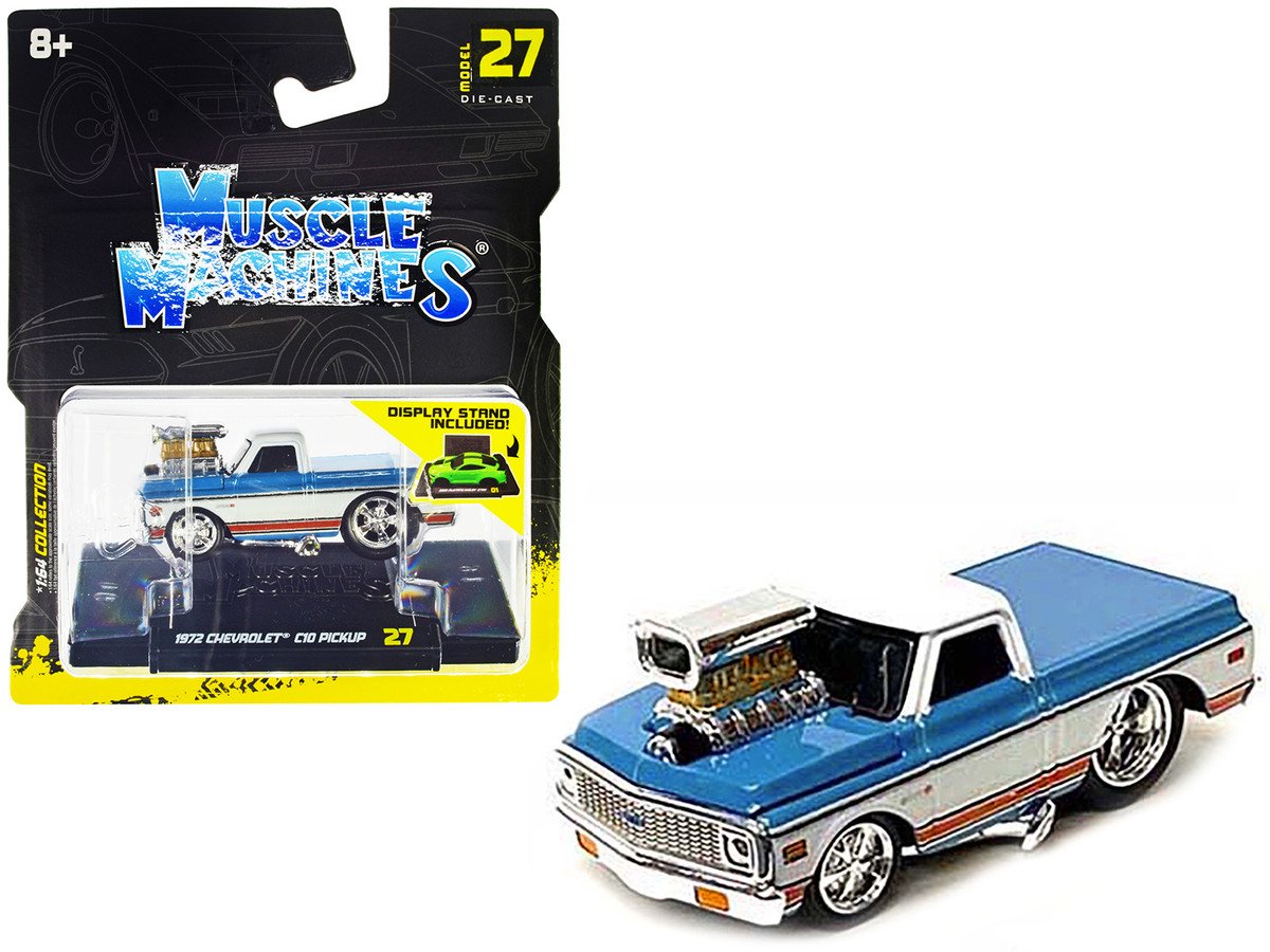 1972 Chevrolet C10 Pickup Blue White Stripes 1/64 Diecast Muscle Machines