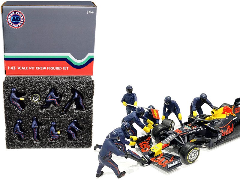 Formula 1 Pit Crew Team Blue 7 Figure Set 1/43 American Diorama