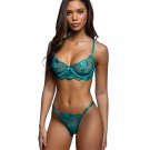 Electric Crush Metallic Floral Lace Bra & Thong 2 Pc Set Teal Small