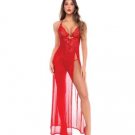 Mapale Dotted Lace Mesh Maxi Dress High Side Slit w/ Thong Red L/XL