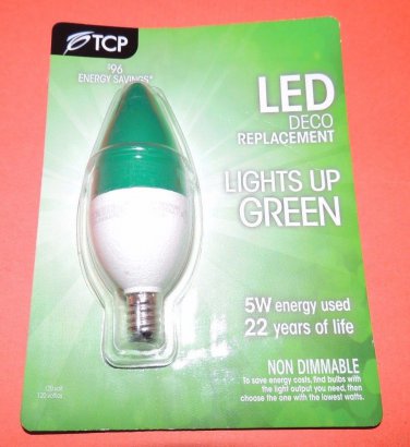 TCP GREEN LED Torpedo DECO Chandalier 5w = 40w Light Bulb RLDCT5WWGR Candelabra