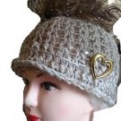 BEANIE MESSY BUN PONY TAIL HAT CROCHET TAN OFF WHITE-METALLIC 22"  HAND CROCHET