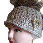 BEANIE MESSY BUN PONY TAIL HAT CROCHET TAN OFF WHITE-METALLIC 22" HAND CROCHET