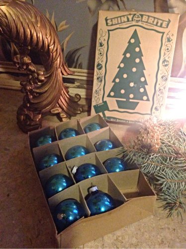 1930s/40s Eckardt Shiny Brite Blue Mercury Glass Ornaments w/Box 11 1.5" Bulbs