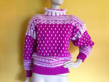 NOS vtg 80s Hot Pink White Wool Angora Handcrafted Fair Isle Sweater M Ski USA