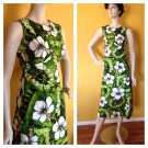 Vtg 60s 70s Royal Hawaiian Sun Dress long aline Green Floral Print Empire XXS/XS