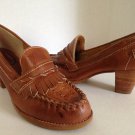 vtg 70s Stacked Heels Loafers Tan Woven Leather Moccasins 7.5 LN HIppie Boho