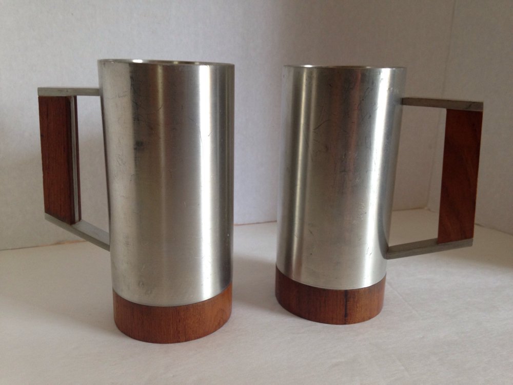 Royal Selangor Pair Wood Pewter Tankards Steins Mugs Danish Modern ...