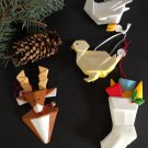 Set/4 Ceramic ORIGAMI Christmas Ornaments Reindeer Stocking Duck Chick