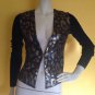 Cache Sequined Leopard Animal Print Soft Cardigan Sweater Knit LW Top Black Gold