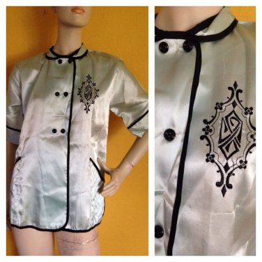 Vtg 50s Light Blue Silk Pajama Top Quilted Cuffs Peter Pan Collar 34/S